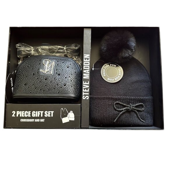 Steve Madden 2 Piece Gift Set With Faux Fur Pom Hat & Rhinestone Crossbody Bag - Picture 1 of 6